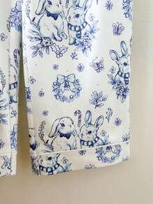 SHEIN 女童休闲兔子印花全拉链连帽衫和裤子两件套家居服套装 - 藍白色 - 查看 7