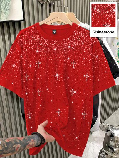 Manfinity Roghcode 1pc Men's Casual Loose Fit Short Sleeve T-Shirt, Black, Rhinestone Design, Oversized Boxy Fit, Mature Streetwear, Suitable For Commute, Daily Wear, Back To School, Vacation, Great Gift For Boyfriend/Husband, Couple Matching Red Graphic Shirt Men Red Shirt Red T-Shirt Rhinestone Cross Shirt Rhinestone Shirt