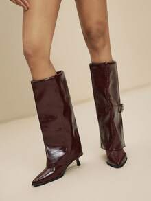 Daringsoles Pointed Toe Riding Boots, Fashionable Tall Metal Buckle Slim High Heel Straight Tube Leg Boots, Slimming Knee-High Boots For Christmas - Burgundy - View 2