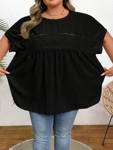 SHEIN CURVE+ Áo sơ mi Dolman ren tương phản cỡ lớn của Thụy Sĩ - màu đen - Xem 5