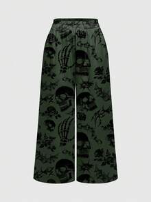ROMWE Goth 大码宽松宽松裤，全身朋克骷髅、蝙蝠、荆棘印花 - 黑色 - 查看 1