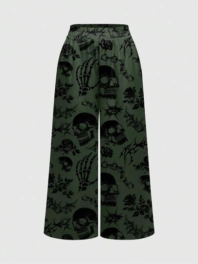 Goth Pantalones holgados y sueltos de talla grande con estampado de calavera, murciélago y espinas en todo el diseño