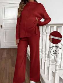 SHEIN Maternity Casual Solid Color Knitted Sweater And Pants Set, Autumn/Winter