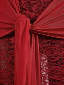 Mistrie 女式长袖镂空扭纹设计性感蕾丝紧身连衣裙 - 紅色 - 查看 4