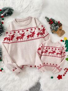 SHEIN Young Girl' Khaki Colored Fashionable Red Deer Pattern Crew Neck Long Sleeve Sweater Autumn Fall - Khaki - View 8