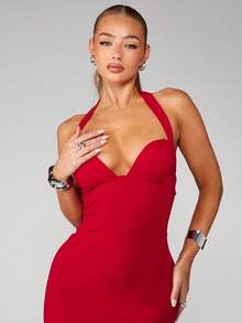 MISSGUIDED Halter Neck Mini Dress With Plunging Neckline Perfect For Party Evening - Cherry Red - View 4