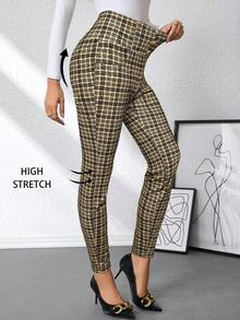 Ellevyn 女式优雅格子印花金属扣装饰黑白高腰修身针织裤，夏季 - 卡其色 - 查看 3