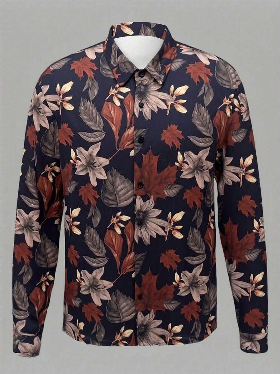 Manfinity NXTstreet Camisa casual de hombre con estampado de plantas en todo el diseño, elástica, de manga larga - Multicolor - Ver 1