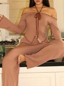 Lowkey Lull 女士长袖系带露背吊带上衣和裤子睡衣套装，冬季服装 - 棕色 - 查看 4