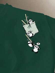 Manfinity Joysei 修身男士橄榄绿色卡通熊猫印花圆领短袖休闲T恤 - 墨綠色 - 查看 2