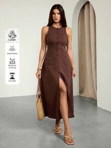 SHEIN Tall فستان قطني بدون أكمام أحادي الصدر كاجوال بني اللون - بني - مشاهدة 1