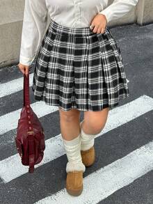 Muchica 大码格子褶皱 A 字裙，适合通勤、约会、返校季、秋冬