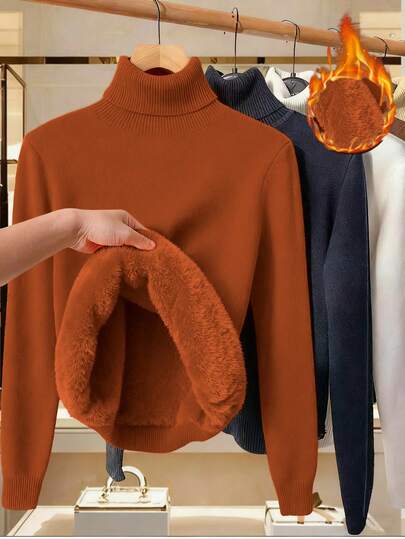 SHEIN LUNE Plus Size Women Solid Color Thermal Lined Turtleneck Long Sleeve Warm Pullover Sweater, Winter