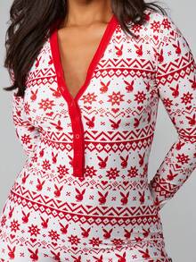 Missguided x Playboy Jul Fair Isle V-ringad julsparkdräkt - Rött och Vitt - Visa 5