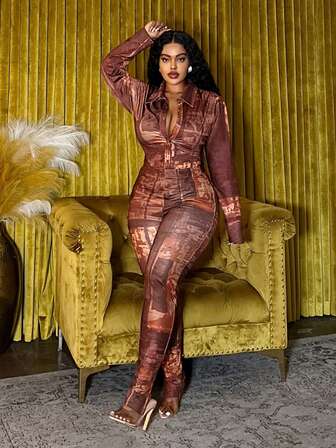 Slaydiva 2025 Autumn/Winter New Arrival Women's Outfit, Abstract Print Brown Long Sleeve Shirt & Tight Fit Slit Leg Pants 2 Pieces Set
