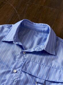 SWAVVY Woven Striped Printed Casual Shirt Suitable For Everyday Wear, Baggy Short Sleeve Button Up Stripe Blue Shirt