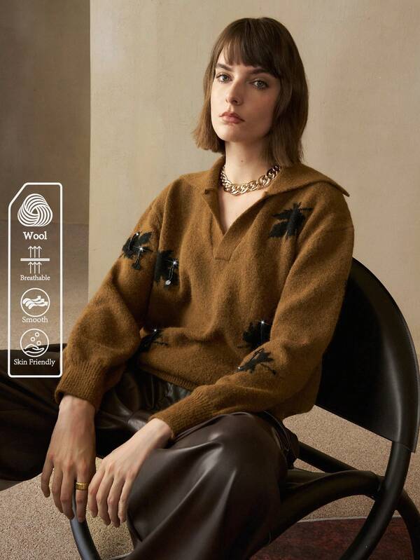 Arave Women's Half-Open Neck Oversized Pullover Sweater With Maple Leaf Design, Cozy Everyday Wear For Commuting, Autumn/Winter