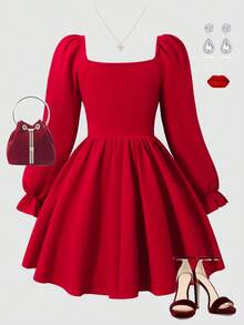 少女优雅蓬松珍珠装饰长袖亮红色连衣裙，适合婚礼、典礼、宴会、舞会、毕业派对 - 紅色 - 查看 2