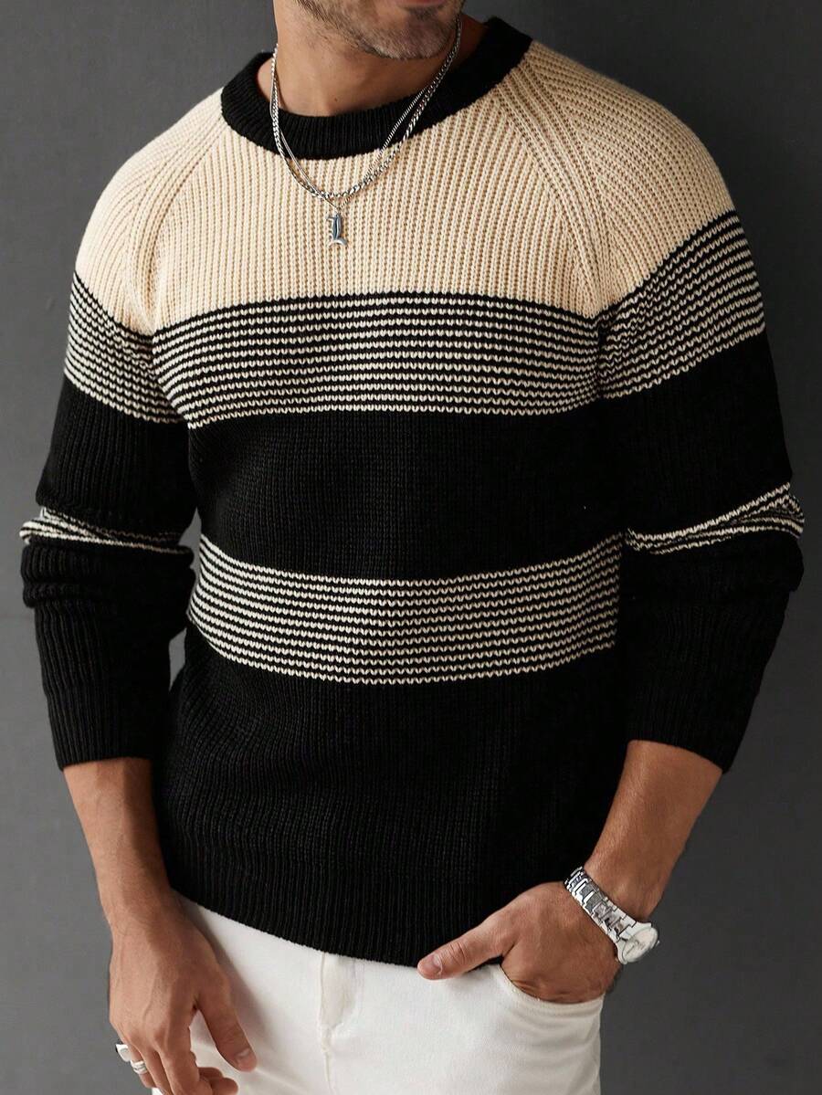 Manfinity Mode 男士撞色圆领休闲长袖套头毛衣，秋冬 - 彩色 - 查看 1