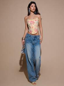 SHEIN BAE 夏季黄色碎花蕾丝上衣，适合日常约会、夜间外出、夜店、派对、聚会、鸡尾酒会、泳池派对、返校季、学期中、度假、办公室通勤等场合穿着。 - 黃色 - 查看 4