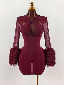 Amplova Váy ngắn hở ngực phối lưới lông màu đỏ rượu vang dành cho nữ, dự tiệc - Màu Đỏ Sâu - Xem 3