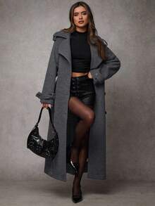 SHEIN BAE 1 件女式纯色长袖纽扣前系带休闲夹克，适合秋冬季日常穿着 - 深灰色 - 查看 3