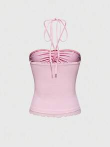 ROMWE Kawaii Damlinne med hjärtdekoration och rynkad, knytband i halsringning - Rosa - Visa 2