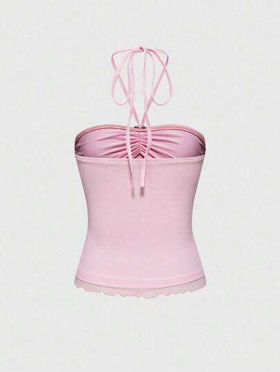 Kawaii Women's Heart Decor Ruched Splice Tie Neck Fitted Camisole