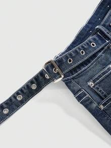 ROMWE Grunge Punk 大码女式铆钉牛仔迷你裙，毛茸茸饰边，性感时尚，秋冬 - 藍色 - 查看 4