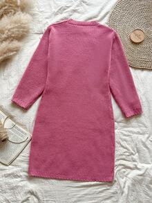 SHEIN Tween Girls' Casual Bowknot Pattern Knit Dress - Pink - View 2