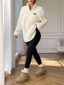 SHEIN EZwear 2 Stücke Sportlicher, minimalistischer Stil Abzeichen Reißverschluss Woll-Mischung Kapuzenpullover & Leggings Set für Damen, geeignet für Herbst/Winter - Aprikosenfarben - Übersicht 3