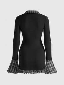 ROMWE Back To School Vintage Gothic Plaid Patchwork 2 In 1 Women Long Sleeve Shirt Blouse - Black - View 2