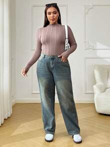 SHEIN EZwear Plus Size Women Casual Pink Long Sleeve T-Shirt, Autumn