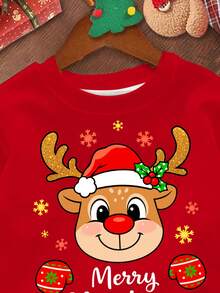 SHEIN Frohe Weihnachten, Lässig Minimalistischer Weihnachts-Pullover für Kleine Mädchen mit niedlichem Cartoon-Motiv des Rentiers mit roter Nase, buntem Polka-Punkt-Schneeflocken-Muster, in festlichem Rot, locker geschnittener Rundhals-Pullover aus bequemem Strick, geeignet für Herbst/Winter, passend für Weihnachten