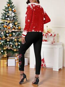 SHEIN Clasi 2pcs/Set Women Snowflake Print Long Sleeve Jacket And Pants Suit, Suitable For Winter, Christmas - Black and White - View 2