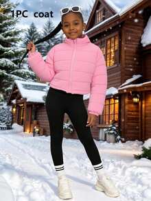 Tween Girls' Pink Short Padded Coat, Stand Collar Zipper Design, Minimalist Outerwear, Diamond Quilted Stitching Snug Fit Effect, Ribbed Cuffs And Hem, Thermal Lined, Fluffy Silhouette, Cute & Age-Reducing, Sweet & Practical Style, Suitable For Daily Outings, School, Children's Winter Clothing, Cardigan, Tween Girls' American Retro Chic Short Padded Coat - Pink - View 7