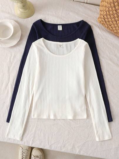 SHEIN 2 st/set Tween flickor ribbad rund halsringning elastisk figursydd all-match mångsidig långärmad t-shirt, bekväm/Halloween, Glowmode, höst, vinter, marinblå och vit