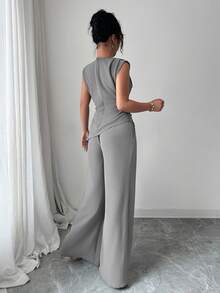 Rafferiza 2件套女士纯色纹理褶皱圆领无袖上衣 - 灰色 - 查看 2