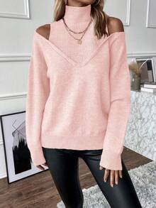 EMERY ROSE Áo len chui đầu dài tay trễ vai tối giản màu trơn dành cho nữ - Màu Hồng baby - Xem 6
