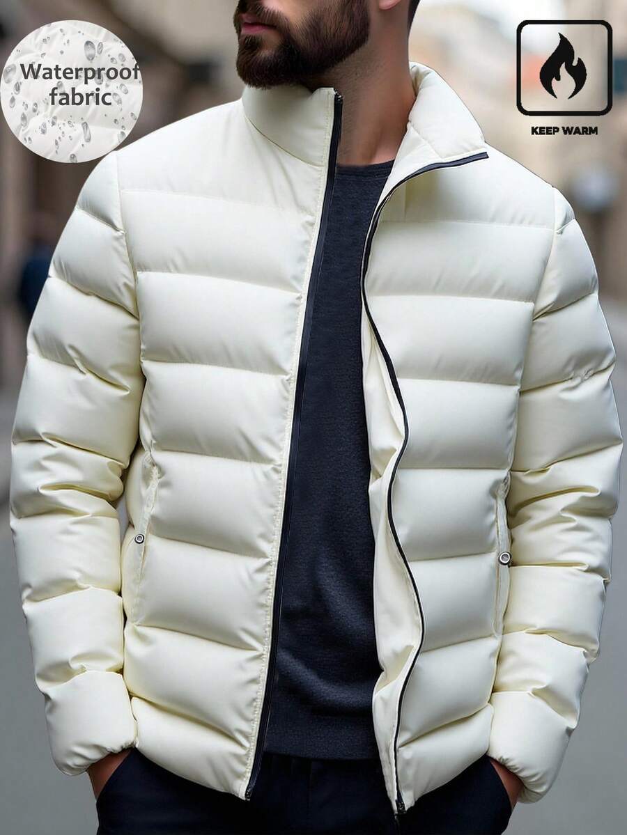 Manfinity Homme 男士绗缝棉质外套,立领拉链休闲外套,商务休闲百搭,男友礼物,秋冬 - 杏色 - 查看 1