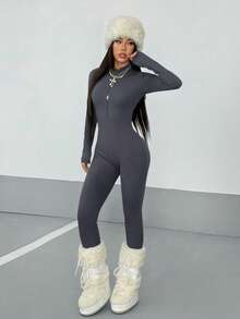 Women's Streetwear Solid Color Long Sleeve Half Zip Jumpsuit, Autumn - Grey - View 5