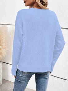 SHEIN LUNE 女式纯色V领休闲百搭长袖套头毛衣 - 淺藍色 - 查看 2