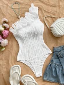 Soleia Body con un hombro con volantes exagerados para mujer, adecuado para fiestas, vacaciones, citas, tardes de té, vacaciones, festivales de música, playa, atuendo de verano, estilo bohemio, vacaciones, ganchillo, lino - Blanco - Ver 1