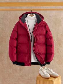 HIMLAND Men's Casual Patchwork Hooded Padded Coat Burgundy Men Outerwear Men Red Jacket Mens Winter Bubble Coat Men Puffer Jacket Men Winter Jacket Men Jacket, For Christmas