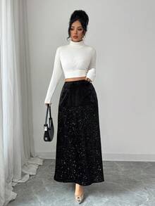 Rafferiza Women's New Fashionable Sequin Shiny High-End Solid Color Elastic Waist Skirt, Ideal For Parties And Dates, Luxurious And Elegant - Black - View 3