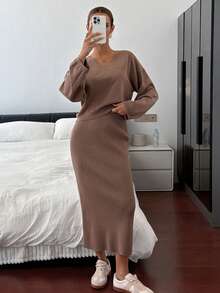 DAZY 女式纯色 V 领落肩长袖毛衣和针织中长裙两件套休闲套装，秋冬 - 咖啡棕 - 查看 1