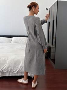 DAZY 女式休闲纯色针织连衣裙，秋冬 - 灰色 - 查看 2