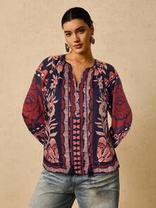 Travachic 大码女式黑色热带植物印花长袖衬衫，V 领流苏抽绳图案衬衫 - 彩色 - 查看 4