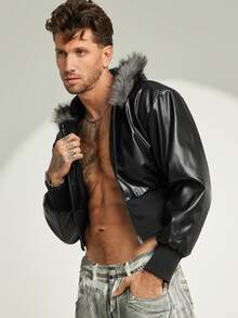 FeverCity 男式纯色长袖拉链连帽仿皮夹克，带毛领，适合秋冬 - 黑色 - 查看 4