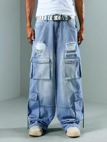 ROMWE MEN Street Life Herren Lässig Mode Straße Zerrissene Klappe Tasche Locker Weites Bein Cargo Jeans - Blau - Übersicht 5